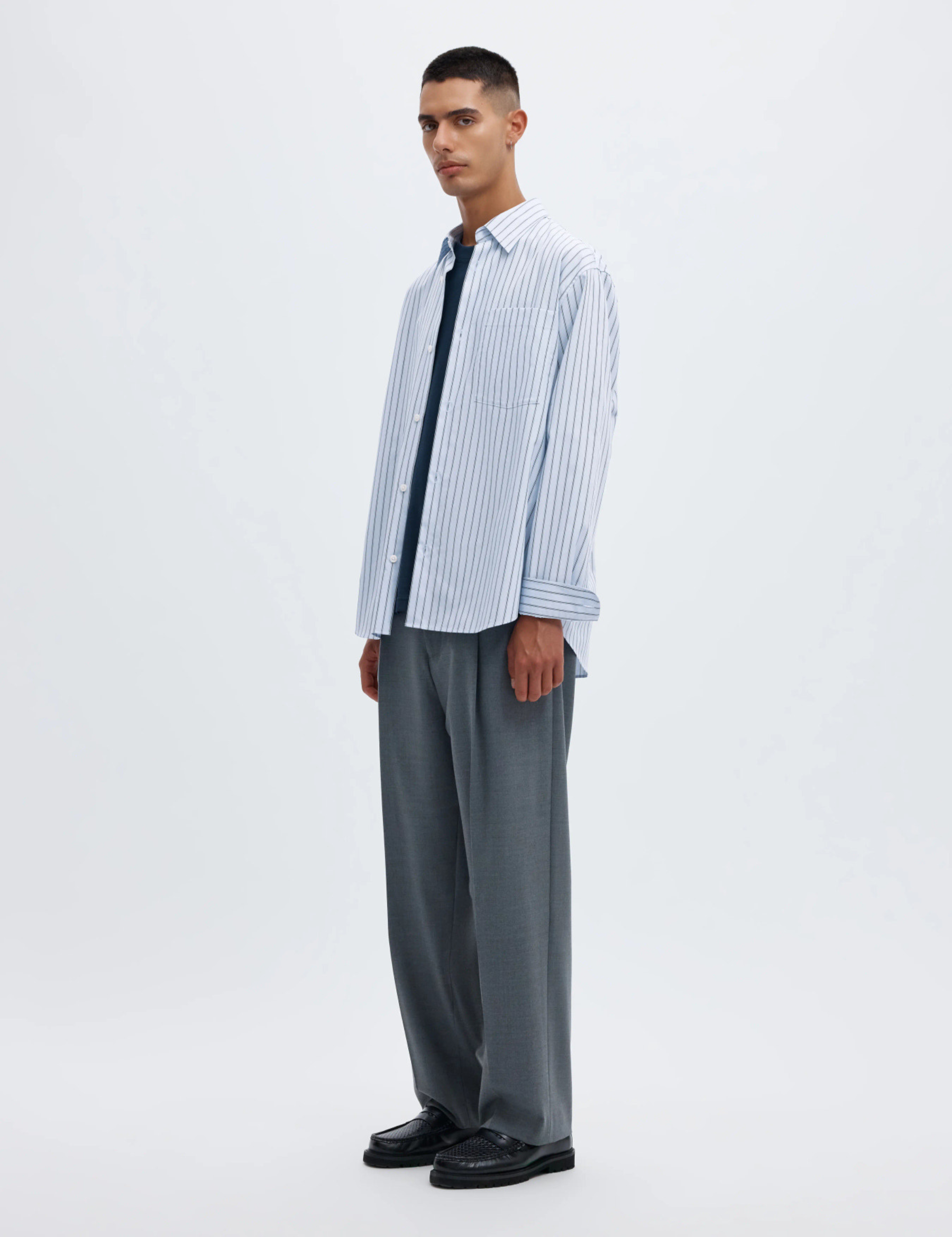 Aslund Striped Poplin Shirt - LIght Blue Navy / White