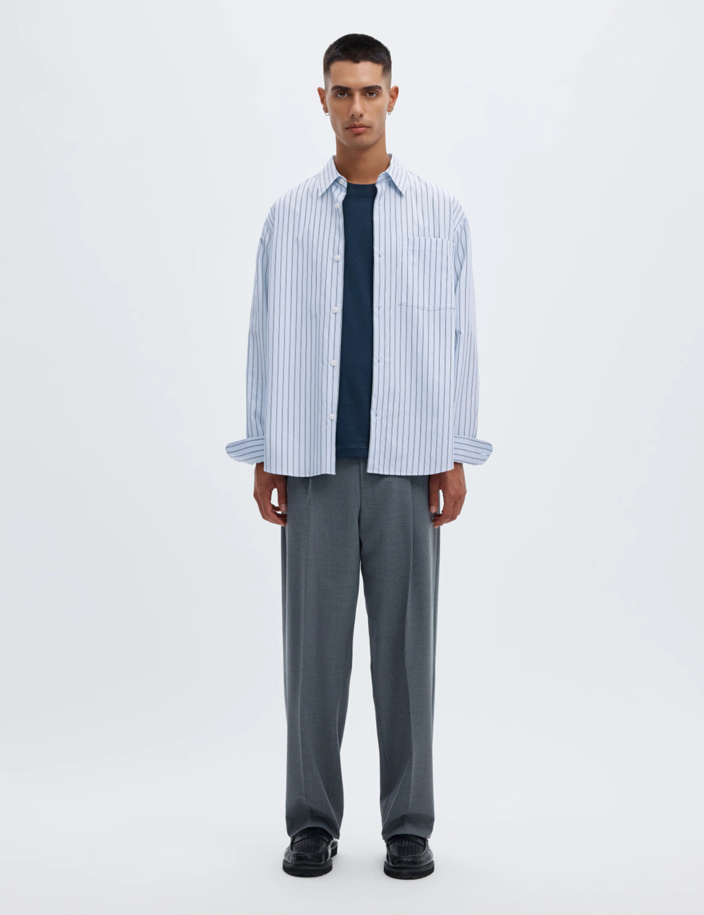 Aslund Striped Poplin Shirt - LIght Blue Navy / White