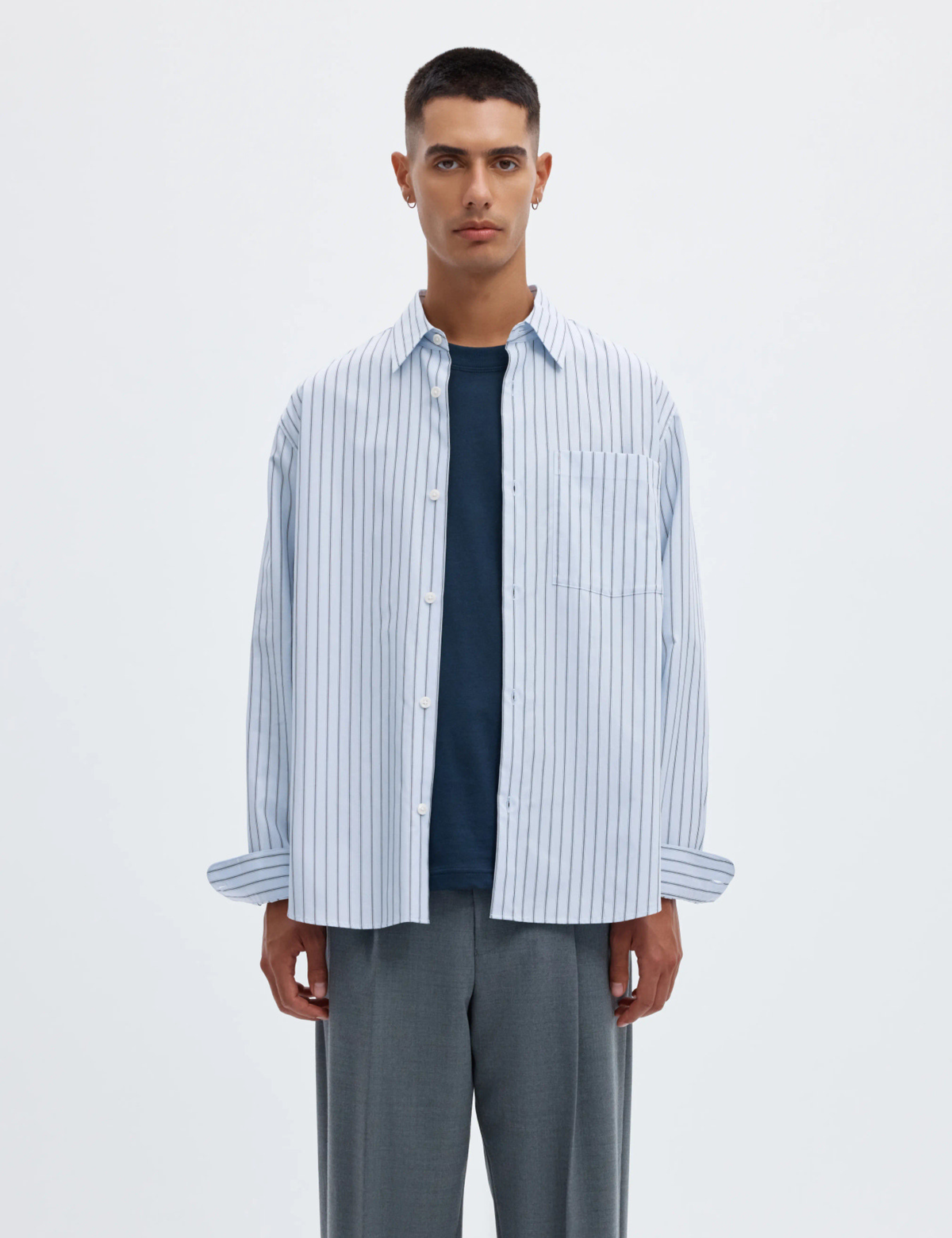 Aslund Striped Poplin Shirt - LIght Blue Navy / White