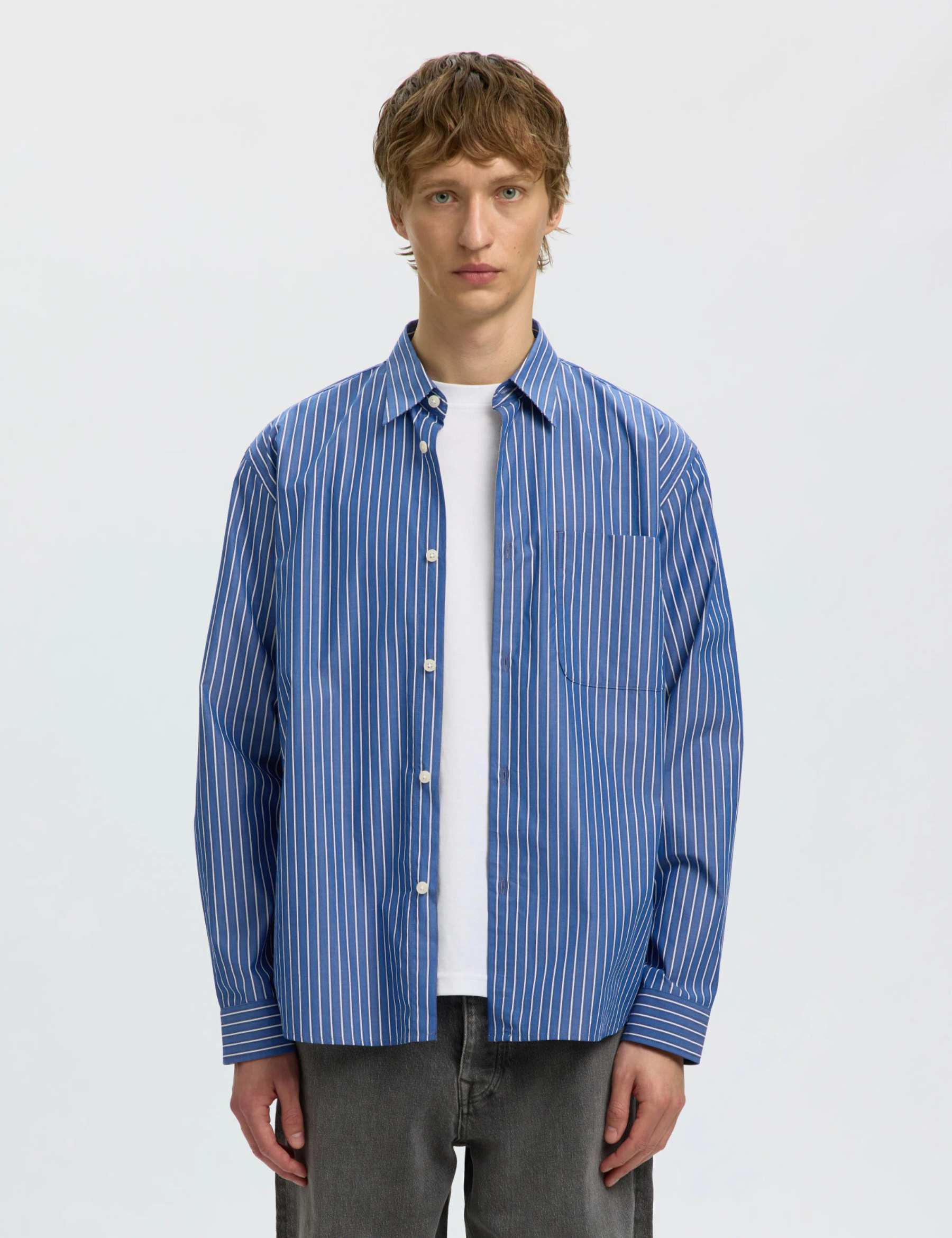 Relaxed Sander Isak Poplin Shirt - Limoges White/Blue