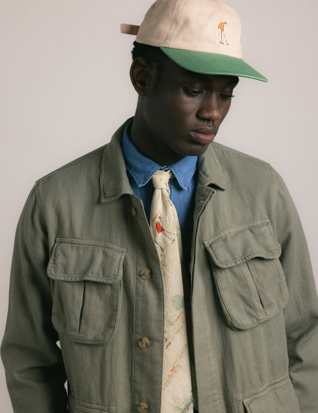 Leuchars Cap - Stone / Green Golf Embroidery